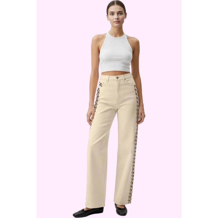 Kadın Denim Pantolon Renk Yüksek Bel Wide Leg Pamuk Günlük Kullanım İçin Dayanıklı Malzeme