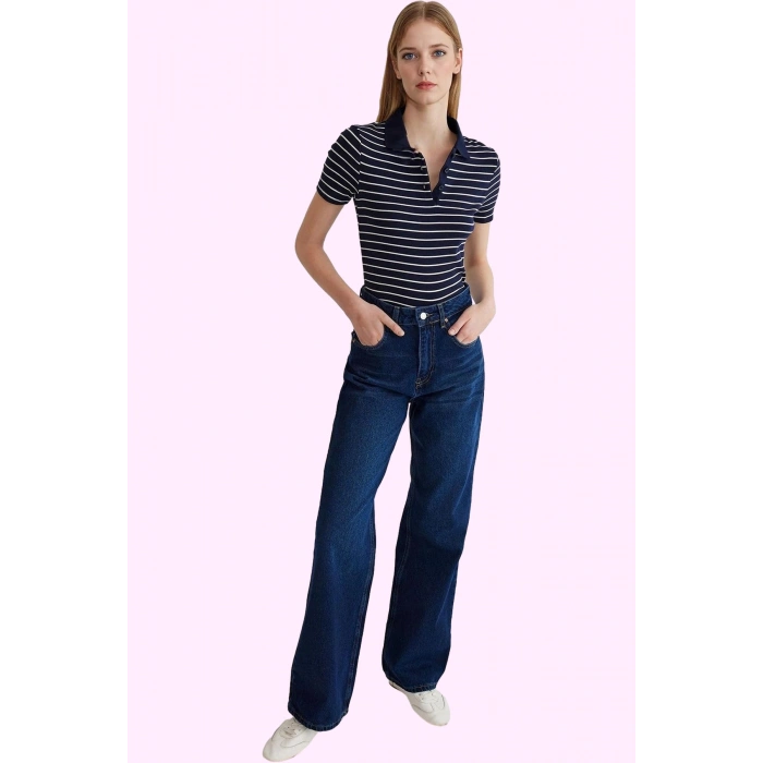 Kadın Denim Pantolon Yüksek Bel Geniş Paça Casual Pamuk Konfor Günlük Kullanım Özel Günler