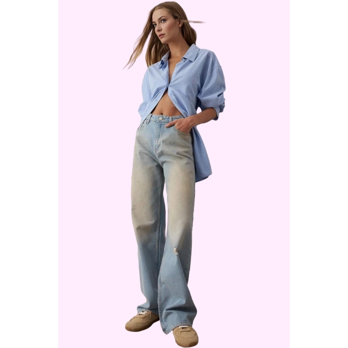 Kadın Denim Pantolon Yüksek Bel Geniş Paça Pamuk Günlük ve Rahat Yaz Aylarının Vazgeçilmezi