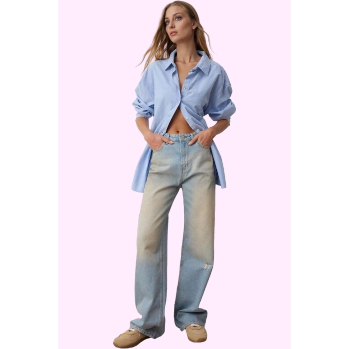Kadın Denim Pantolon Yüksek Bel Geniş Paça Pamuk Günlük ve Rahat Yaz Aylarının Vazgeçilmezi