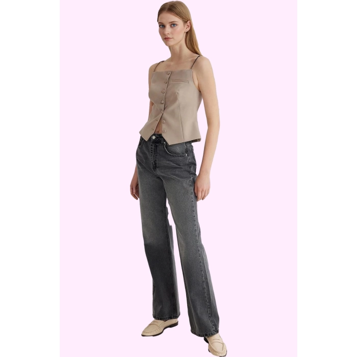 Kadın Denim Pantolon Yüksek Bel Geniş Paça Pamuk Tüm Sezonlar Günlük Kullanım Modern Tasarım