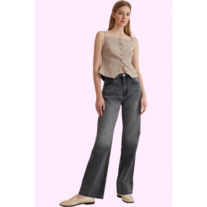 Kadın Denim Pantolon Yüksek Bel Geniş Paça Pamuk Tüm Sezonlar Günlük Kullanım Modern Tasarım