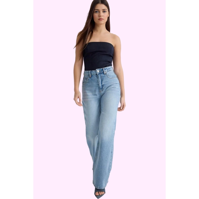 Kadın Denim Pantolon Yüksek Bel Geniş Paça Pamuk Tüm Sezonlar Günlük Kullanım Modern Tasarım