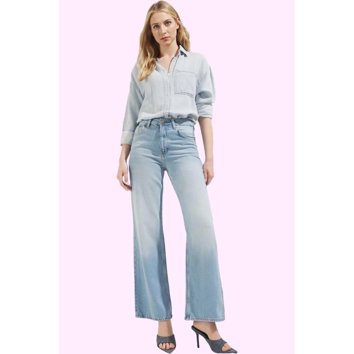Kadın Denim Pantolon Yüksek Bel Geniş Paça Sürdürülebilir Günlük Kullanım Kaliteli Malzeme