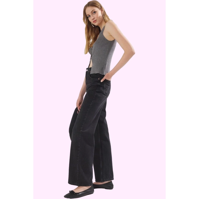 Kadın Denim Pantolon Yüksek Bel Geniş Paça Sürdürülebilir Günlük Kullanım Kaliteli Malzeme