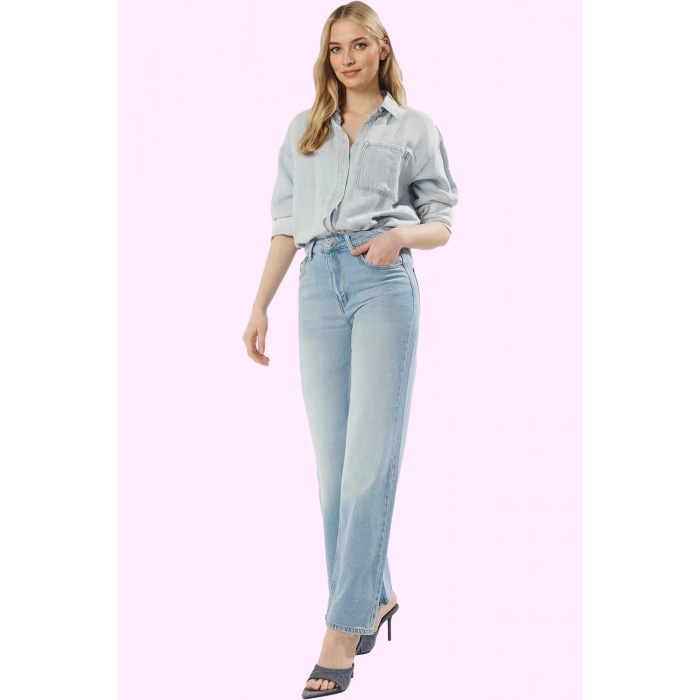 Kadın Denim Pantolon Yüksek Bel Geniş Paça Sürdürülebilir Günlük Kullanım Kaliteli Malzeme