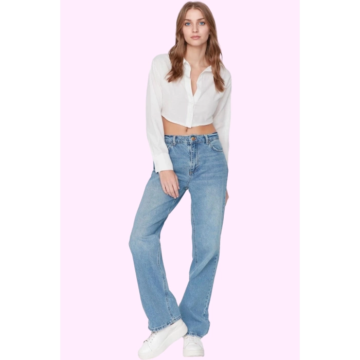 Kadın Denim Regular Wide Leg Kot Pantolon Düşük Bel Pamuk Günlük Kullanım Kaliteli Malzeme