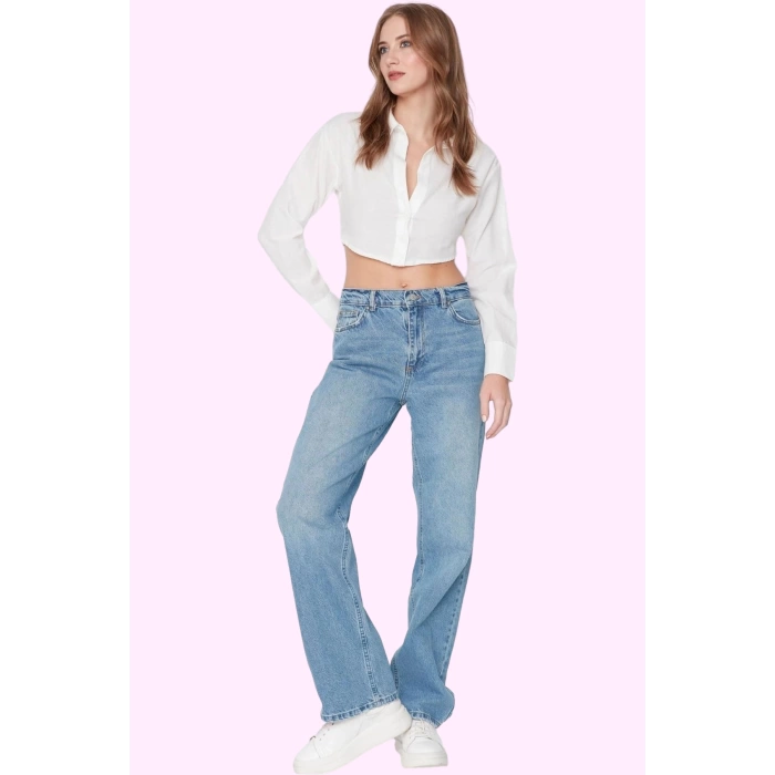 Kadın Denim Regular Wide Leg Kot Pantolon Düşük Bel Pamuk Günlük Kullanım Kaliteli Malzeme