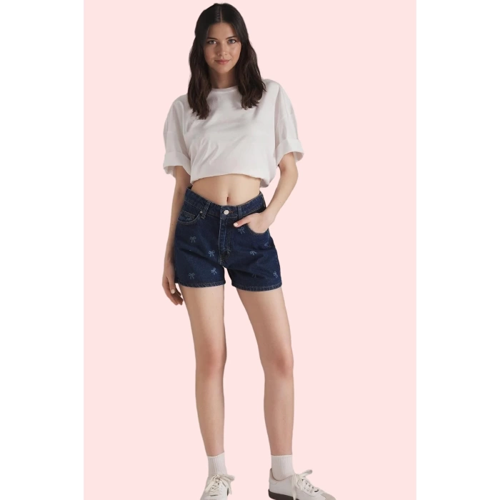 Kadın Denim Şort Baskılı Desen Yüksek Bel Boru Paça Pamuklu Günlük Kombinler Modern Tasarım