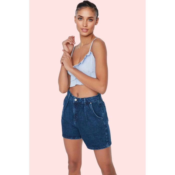 Kadın Denim Şort Yüksek Bel City Short Boru Paça Pamuklu Yaz Aylarının Vazgeçilmezi Günlük Kullanım