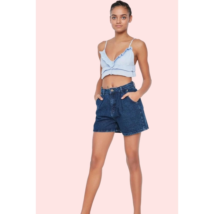 Kadın Denim Şort Yüksek Bel City Short Boru Paça Pamuklu Yaz Aylarının Vazgeçilmezi Günlük Kullanım