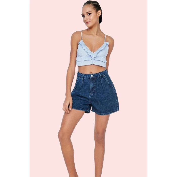 Kadın Denim Şort Yüksek Bel City Short Boru Paça Pamuklu Yaz Aylarının Vazgeçilmezi Günlük Kullanım