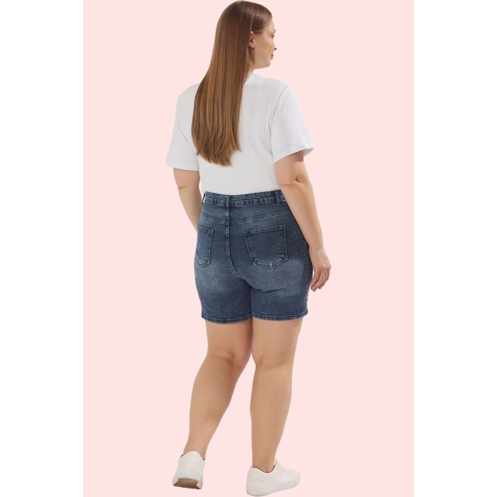 Kadın Denim Şort Yüksek Bel Regular Boy Taşlı Detaylar Günlük Kombinler Yaz Aylarının Vazgeçilmezi