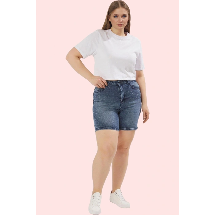 Kadın Denim Şort Yüksek Bel Regular Boy Taşlı Detaylar Günlük Kombinler Yaz Aylarının Vazgeçilmezi