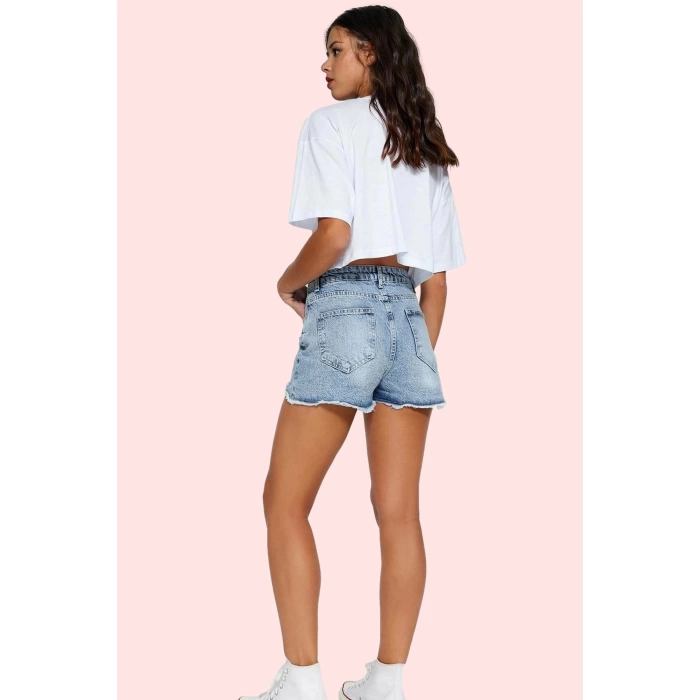 Kadın Denim Şort Yüksek Bel Straight Kalıp Yazlık Kombin Günlük Kullanım Dayanıklı Malzeme