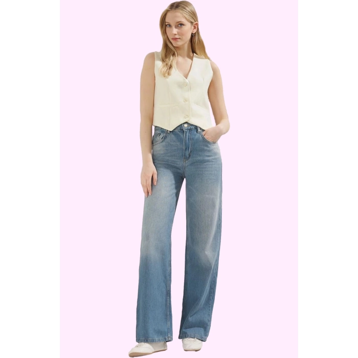 Kadın Denim Uzun Boy Normal Bel Geniş Paça Pamuk Jean Pantolon Günlük Kullanım Özel Günler