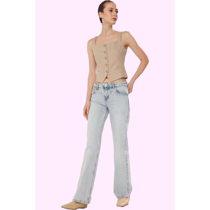 Kadın Denim Wide Leg Jean Pantolon; Düşük Bel Pamuk Rigid Dokuma Günlük Kombinler Hafta Sonu
