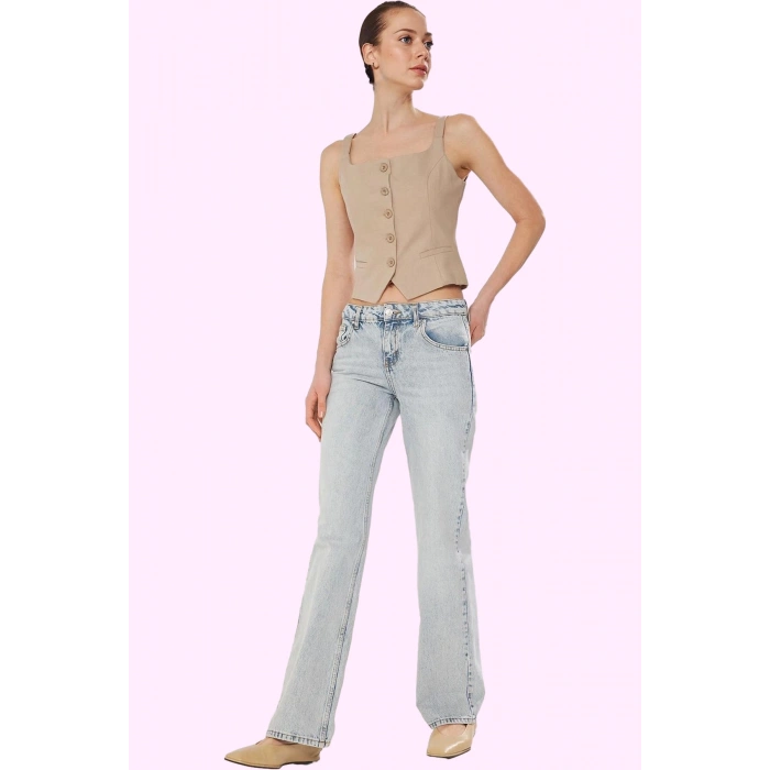 Kadın Denim Wide Leg Jean Pantolon; Düşük Bel Pamuk Rigid Dokuma Günlük Kombinler Hafta Sonu