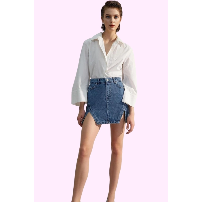 Kadın Denim Yırtmaçlı Mini Etek Pamuk Günlük Casual Kombinler Hafta Sonu Dayanıklı Malzeme