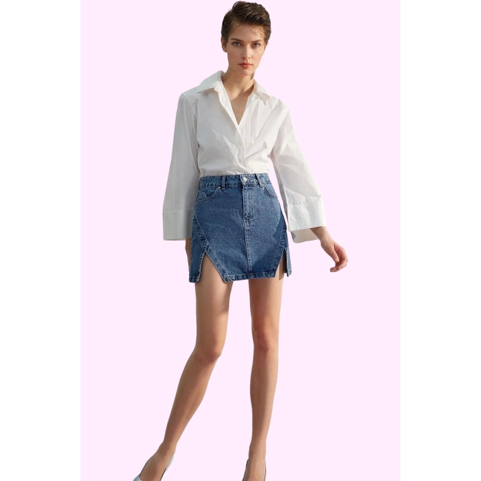 Kadın Denim Yırtmaçlı Mini Etek Pamuk Günlük Casual Kombinler Hafta Sonu Dayanıklı Malzeme