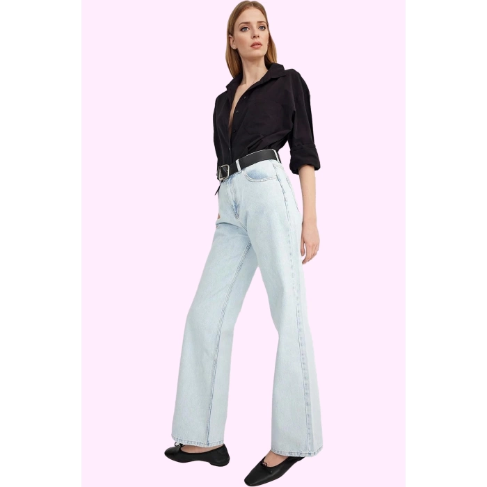 Kadın Denim Yüksek Bel Pantolon; Geniş Paça Pamuk Günlük Kullanım Yaz Aylarının Vazgeçilmezi