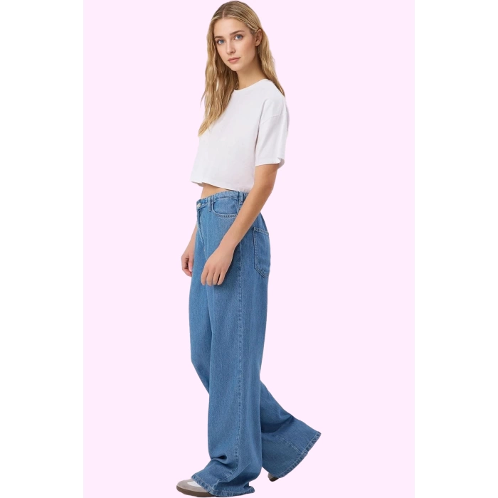 Kadın Denim Yüksek Bel Wide Leg Pantolon Liyosel Rahat Günlük Hafta Sonu Dayanıklı Malzeme