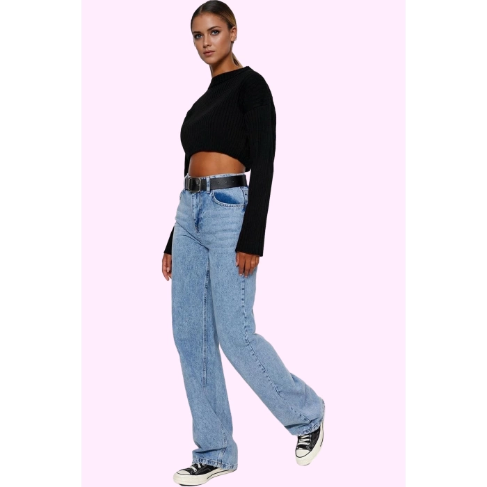 Kadın Denim Yüksek Bel Wide Leg Pantolon Pamuk Tüm Sezonlar İçin Rahatlık Günlük Kombinler
