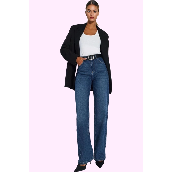 Kadın Denim Yüksek Bel Wide Leg Pantolon Pamuk Tüm Sezonlar İçin Rahatlık Günlük Kombinler