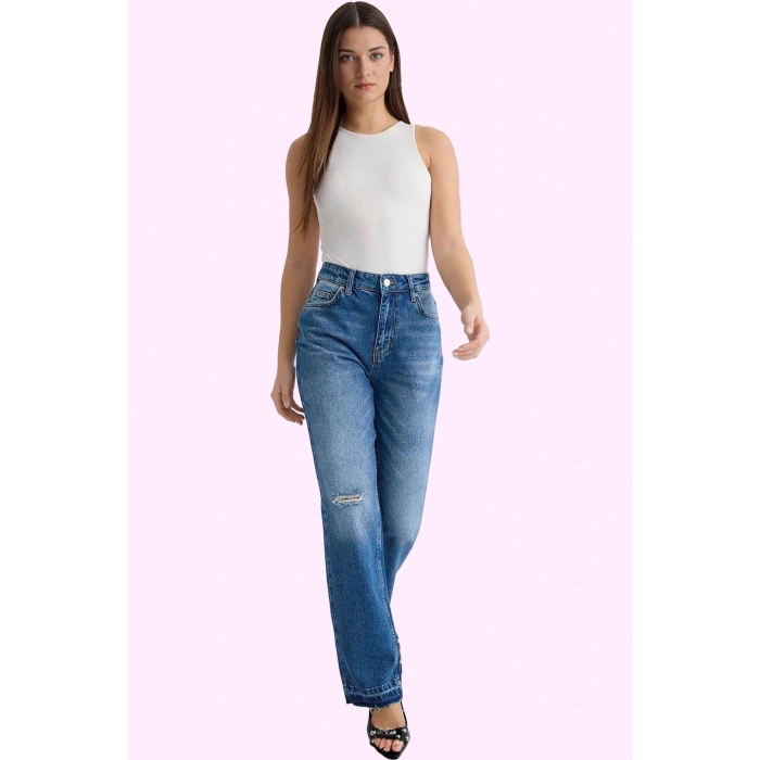 Kadın Denim Yüksek Bel Yırtık Detaylı Straight Jean Günlük Hafta Sonu Yaz Aylarının Vazgeçilmezi
