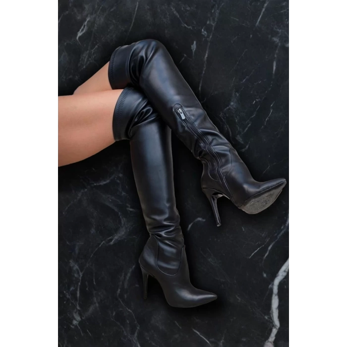 Kadın Deri Görünümlü Stiletto Topuklu Diz Üstü Çizme Sivri Burun Şık Model