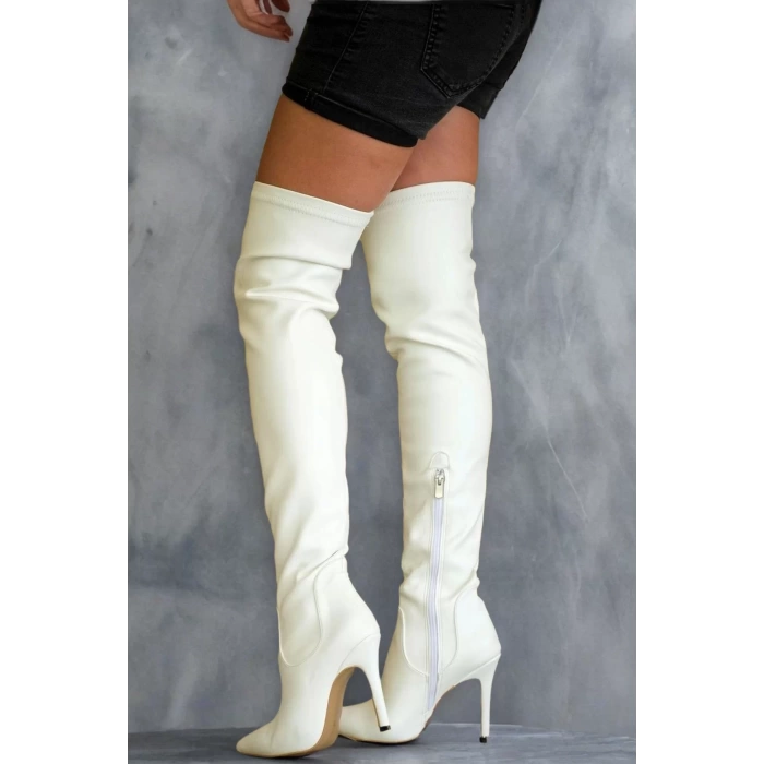 Kadın Deri Görünümlü Stiletto Topuklu Diz Üstü Çizme Sivri Burun Şık Model