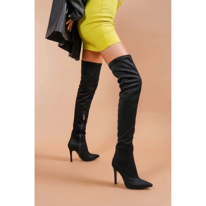 Kadın Deri Görünümlü Stiletto Topuklu Diz Üstü Çizme Sivri Burun Şık Model