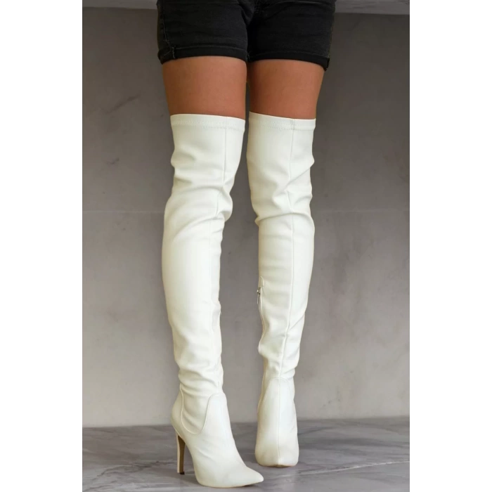 Kadın Deri Görünümlü Stiletto Topuklu Diz Üstü Çizme Sivri Burun Şık Model