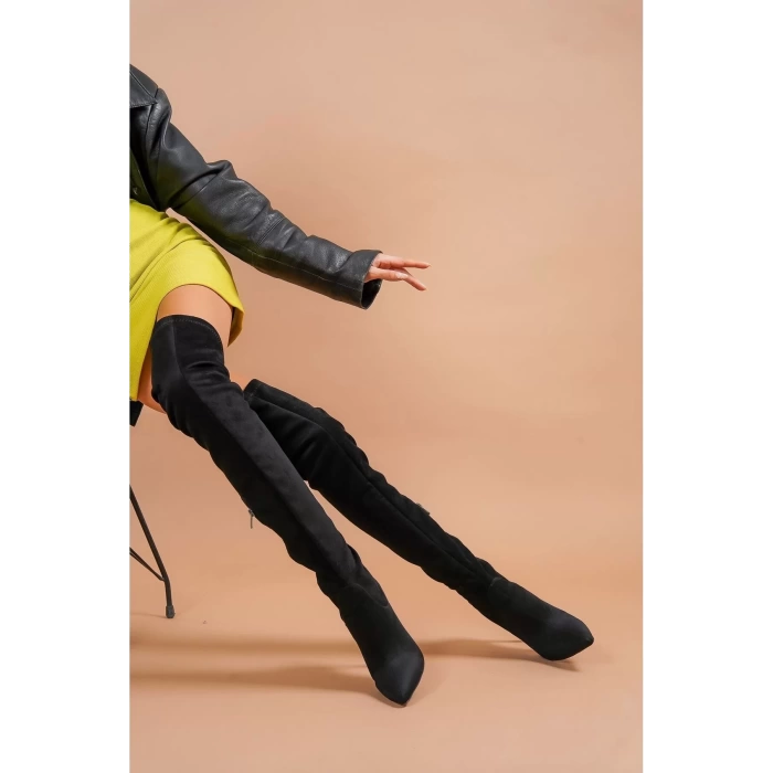 Kadın Deri Görünümlü Stiletto Topuklu Diz Üstü Çizme Sivri Burun Şık Model