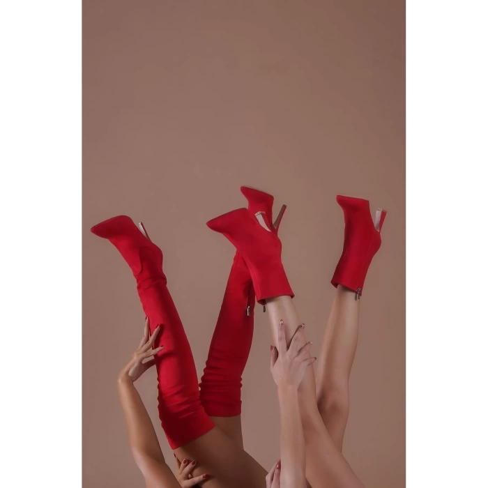 Kadın Deri Görünümlü Stiletto Topuklu Diz Üstü Çizme Sivri Burun Şık Model
