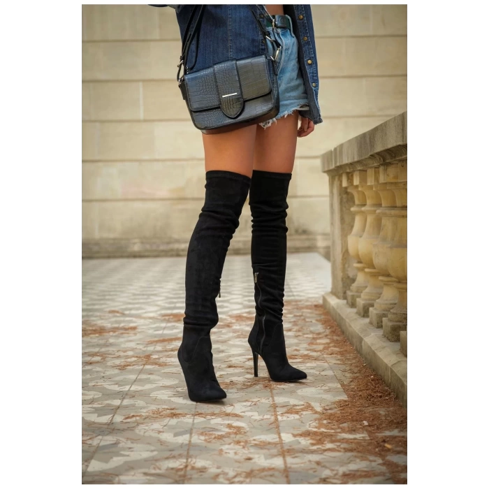 Kadın Deri Görünümlü Stiletto Topuklu Diz Üstü Çizme Sivri Burun Şık Model