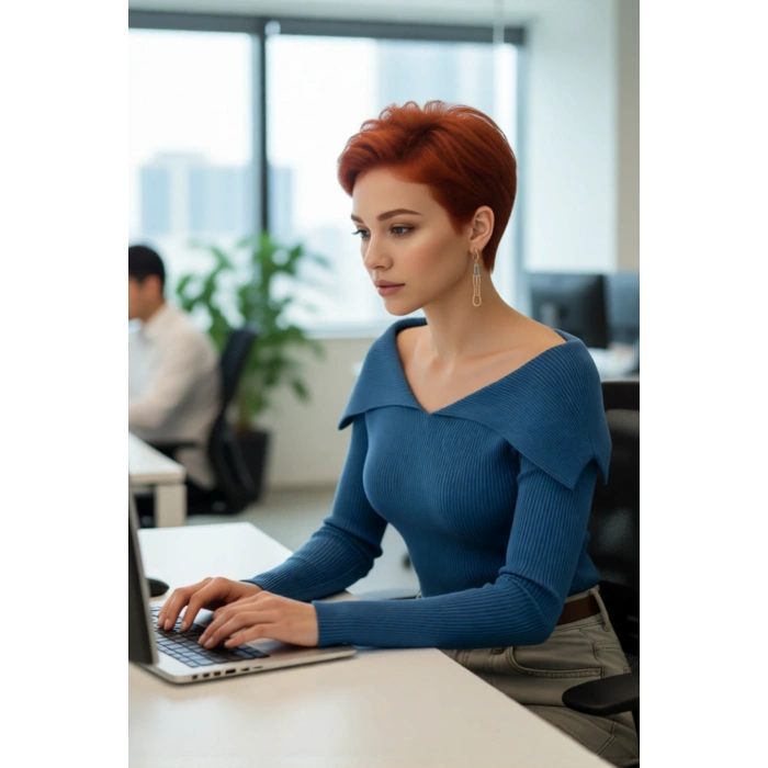 Kadın Devrik Yaka Fitted Fitilli Triko Bluz Uzun Kol Crop Boy İlkbahar Sonbahar Günlük Şıklığı