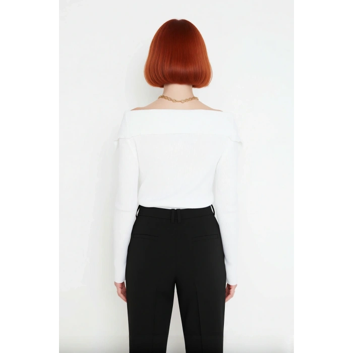 Kadın Devrik Yaka Fitted Fitilli Triko Bluz Uzun Kol Crop Boy İlkbahar Sonbahar Günlük Şıklığı