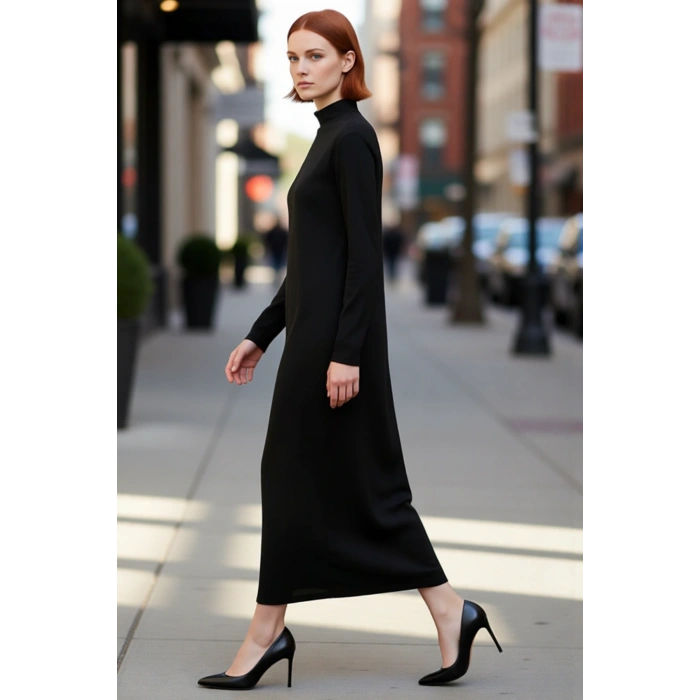 Kadın Dik Yaka A Kesim Triko Maxi Elbise Uzun Standart Kollu Akrilik Düz Desen Kışlık Günlük Şık