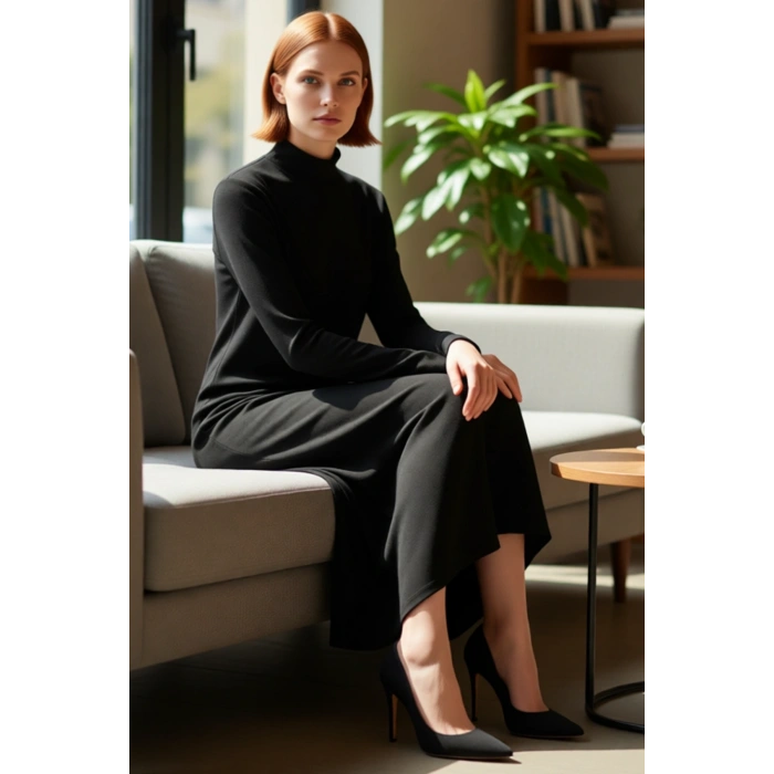 Kadın Dik Yaka A Kesim Triko Maxi Elbise Uzun Standart Kollu Akrilik Düz Desen Kışlık Günlük Şık