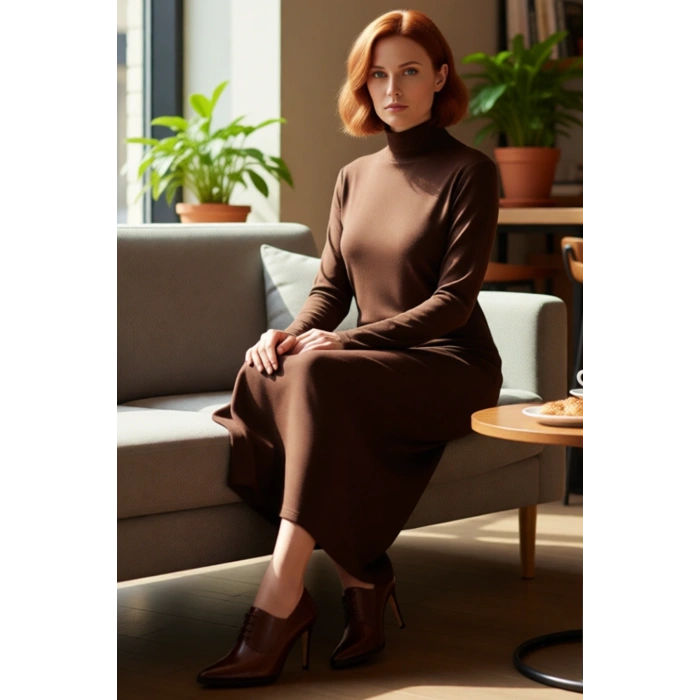 Kadın Dik Yaka A Kesim Triko Maxi Elbise Uzun Standart Kollu Akrilik Düz Desen Kışlık Günlük Şık