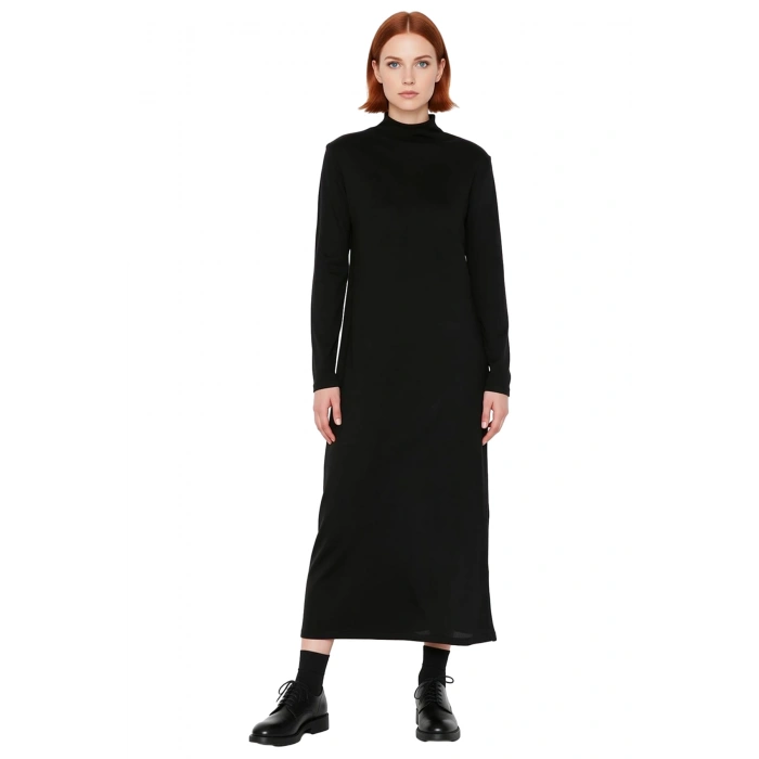 Kadın Dik Yaka A Kesim Triko Maxi Elbise Uzun Standart Kollu Akrilik Düz Desen Kışlık Günlük Şık