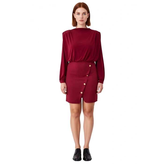 Kadın Dik Yaka Balon Kol Düğme Detaylı Mini A Kesim Elbise Şık Ve Konforlu Tasarım İlkbahar Sonbahar