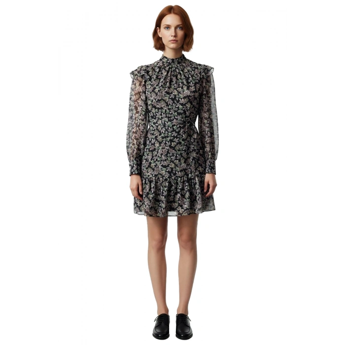 Kadın Dik Yaka Balon Kol Fırfırlı Kemerli Geometrik Desenli Astarlı A line Mini Elbise Kaliteli