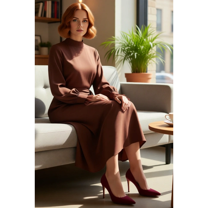 Kadın Dik Yaka Balon Kollu Kuşaklı Düz Dokuma A Kesim Maxi Elbise Rahatlığı Zarafetle Birleştiriyor