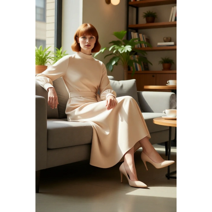 Kadın Dik Yaka Balon Kollu Kuşaklı Düz Dokuma A Kesim Maxi Elbise Rahatlığı Zarafetle Birleştiriyor