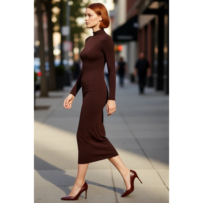 Kadın Dik Yaka Bodycon Kesim Maxi Elbise Polyester Karışımlı Örme Uzun Kollu Kışlık Zarif Tasarım