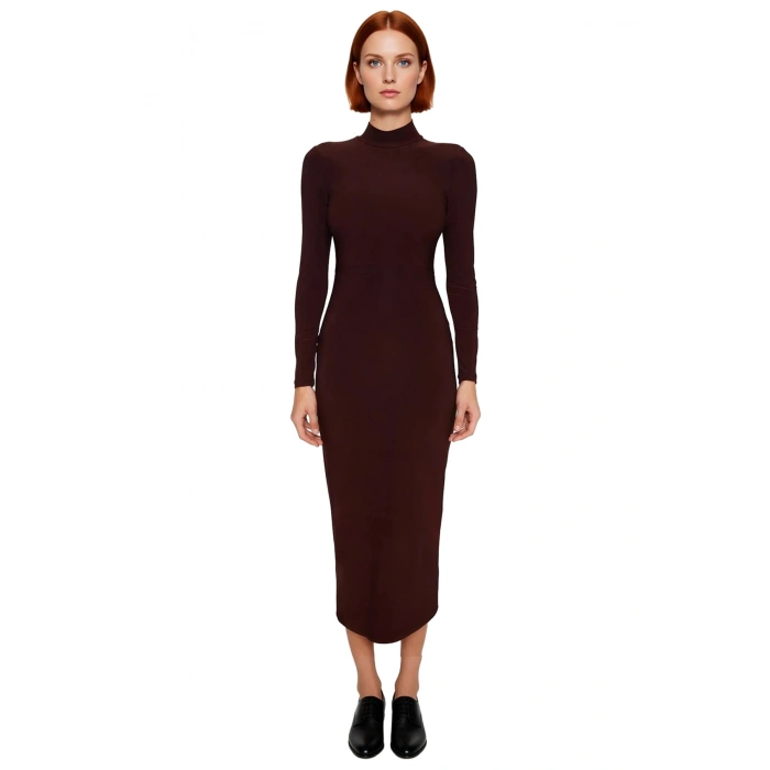 Kadın Dik Yaka Bodycon Kesim Maxi Elbise Polyester Karışımlı Örme Uzun Kollu Kışlık Zarif Tasarım