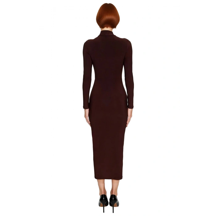 Kadın Dik Yaka Bodycon Kesim Maxi Elbise Polyester Karışımlı Örme Uzun Kollu Kışlık Zarif Tasarım