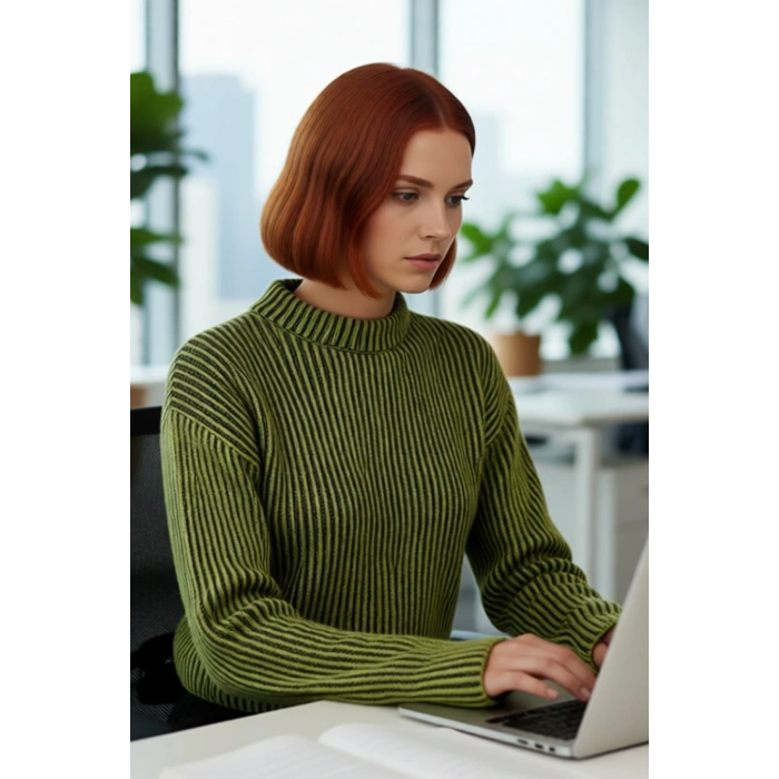 Kadın Dik Yaka Çizgili Crop Regular Kalıp Triko Kazak Soğuk Havalar İçin Şık Günlük Kombinler